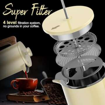 IKAPE French Press Coffee Maker, 34 OZ 304 Stainless Steel Espresso Coffee & Tea Maker with 4 Level ...