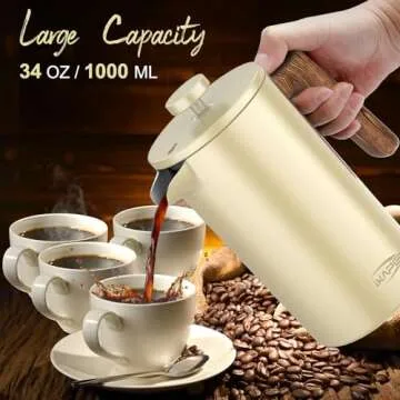 IKAPE French Press Coffee Maker, 34 OZ 304 Stainless Steel Espresso Coffee & Tea Maker with 4 Level Filtration System(Yellow)