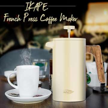 IKAPE French Press Coffee Maker, 34 OZ 304 Stainless Steel Espresso Coffee & Tea Maker with 4 Level Filtration System(Yellow)