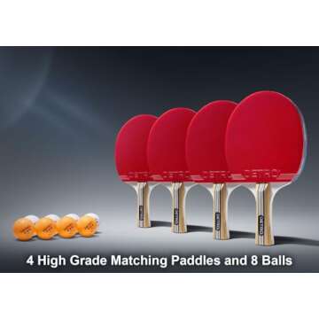 Detro 4 Player Table Tennis Performance Paddle and Ball Set, Premium Ping Pong Set, 4 Premium Table ...