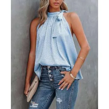 BTFBM Women Sleeveless Tie Mock Neck Summer Tops Loose Casual Side Bow Satin Halter Tank Top Blouse Shirts(Halter Light Blue, Large)