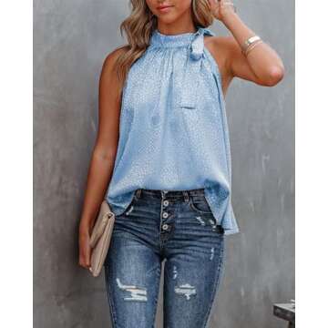 BTFBM Women Sleeveless Tie Mock Neck Summer Tops Loose Casual Side Bow Satin Halter Tank Top Blouse Shirts(Halter Light Blue, Large)