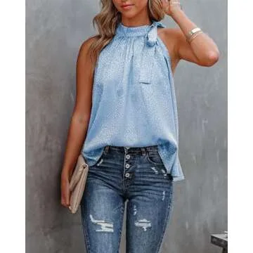 BTFBM Women Sleeveless Tie Mock Neck Summer Tops Loose Casual Side Bow Satin Halter Tank Top Blouse Shirts(Halter Light Blue, Large)