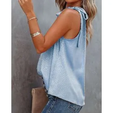 BTFBM Women Sleeveless Tie Mock Neck Summer Tops Loose Casual Side Bow Satin Halter Tank Top Blouse Shirts(Halter Light Blue, Large)