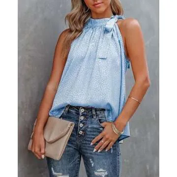 BTFBM Women Sleeveless Tie Mock Neck Summer Tops Loose Casual Side Bow Satin Halter Tank Top Blouse Shirts(Halter Light Blue, Large)