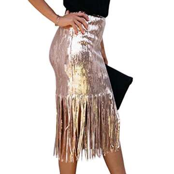 xxxiticat Women's Elegant Slim Fit Patchwork Solid Skirt Office Ladies High Waisted Tassel Sequin Midi Skirts(GO,M) Gold