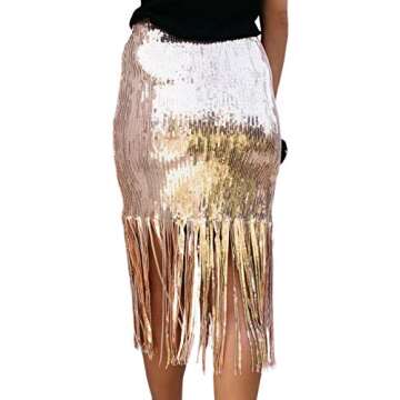 xxxiticat Women's Elegant Slim Fit Patchwork Solid Skirt Office Ladies High Waisted Tassel Sequin Midi Skirts(GO,M) Gold