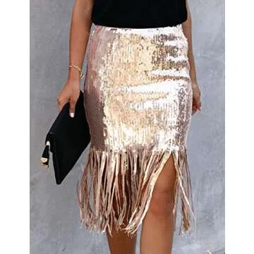 xxxiticat Women's Elegant Slim Fit Patchwork Solid Skirt Office Ladies High Waisted Tassel Sequin Midi Skirts(GO,M) Gold