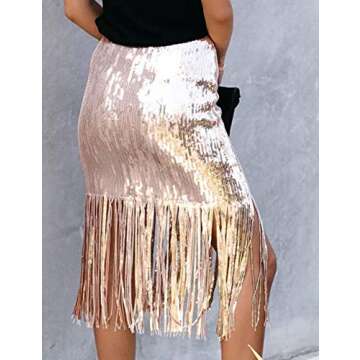 xxxiticat Women's Elegant Slim Fit Patchwork Solid Skirt Office Ladies High Waisted Tassel Sequin Midi Skirts(GO,M) Gold