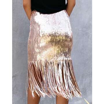 xxxiticat Women's Elegant Slim Fit Patchwork Solid Skirt Office Ladies High Waisted Tassel Sequin Midi Skirts(GO,M) Gold