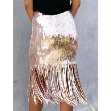xxxiticat Women's Elegant Slim Fit Patchwork Solid Skirt Office Ladies High Waisted Tassel Sequin Midi Skirts(GO,M) Gold