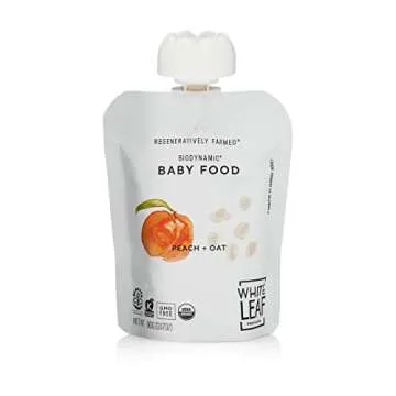 White Leaf Provisions Biodynamic & Organic Baby Food / Snacks — Peach + Oat Unsweetened Baby Puree Pouches — Squeezable Baby Food & Toddler Snack – 6 x 90g Organic Fruit Pouches
