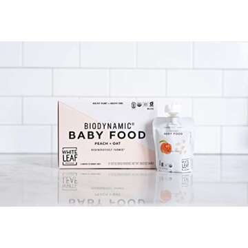 White Leaf Provisions Biodynamic & Organic Baby Food / Snacks — Peach + Oat Unsweetened Baby Puree Pouches — Squeezable Baby Food & Toddler Snack – 6 x 90g Organic Fruit Pouches