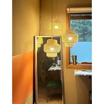 Plug in Pendant Light Rattan Hanging Lights with Plug in Cord Bamboo Hanging Lamp Dimmable,Handmade Woven Boho Wicker Basket Lamp Shade,Plug in Ceiling Light Fixture for Living Room Bedroom Kitchen