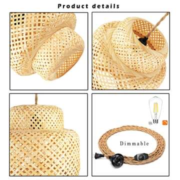 Plug in Pendant Light Rattan Hanging Lights with Plug in Cord Bamboo Hanging Lamp Dimmable,Handmade Woven Boho Wicker Basket Lamp Shade,Plug in Ceiling Light Fixture for Living Room Bedroom Kitchen