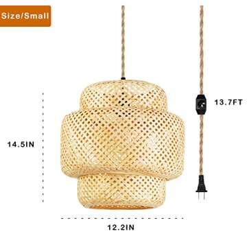 Plug in Pendant Light Rattan Hanging Lights with Plug in Cord Bamboo Hanging Lamp Dimmable,Handmade Woven Boho Wicker Basket Lamp Shade,Plug in Ceiling Light Fixture for Living Room Bedroom Kitchen
