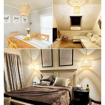 Plug in Pendant Light Rattan Hanging Lights with Plug in Cord Bamboo Hanging Lamp Dimmable,Handmade Woven Boho Wicker Basket Lamp Shade,Plug in Ceiling Light Fixture for Living Room Bedroom Kitchen