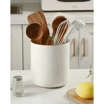 getstar Kitchen Utensil Holder, Large Ceramic Cooking Utensil Holder (H7.2” x W6.2”) for Kitchen Counter with Cork Mat at Bottom, Farmhouse Kitchen Decor