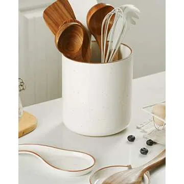 getstar Kitchen Utensil Holder, Large Ceramic Cooking Utensil Holder (H7.2” x W6.2”) for Kitchen Counter with Cork Mat at Bottom, Farmhouse Kitchen Decor