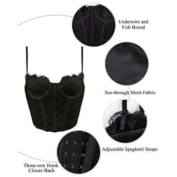 Women's Lace Mesh Bustier Fish Boned Sheer Spaghetti Straps Going Out Corset Crop Top with Underwire