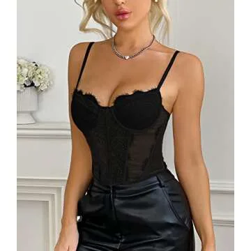 Women's Lace Mesh Bustier Fish Boned Sheer Spaghetti Straps Going Out Corset Crop Top with Underwire