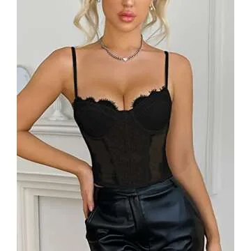 Women's Lace Mesh Bustier Fish Boned Sheer Spaghetti Straps Going Out Corset Crop Top with Underwire