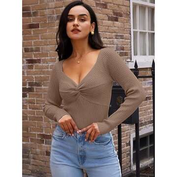 LILLUSORY Women's 2025 Twist Knot Fall Clothes Fashion Outfits Top Ribbed Long Sleeve 2025 Nutmeg X-...