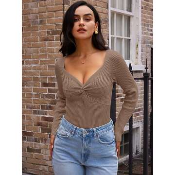 LILLUSORY Women's 2025 Twist Knot Fall Clothes Fashion Outfits Top Ribbed Long Sleeve 2025 Nutmeg X-Large