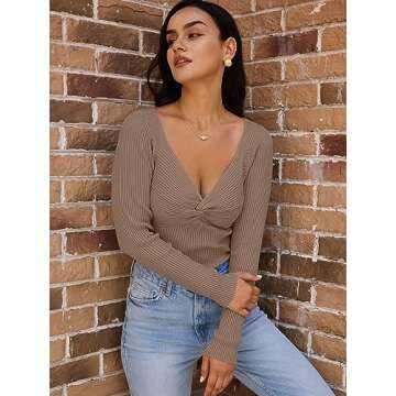 LILLUSORY Women's 2025 Twist Knot Fall Clothes Fashion Outfits Top Ribbed Long Sleeve 2025 Nutmeg X-Large