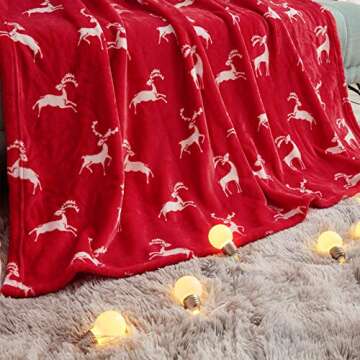 FY FIBER HOUSE Christmas Home Decor Flannel Fleece Throw Blanket for Couch Sofa with Reindeer Print，50"X60", Red