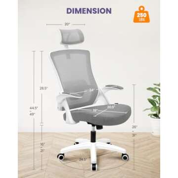 NEO CHAIR High Back Mesh Chair with Headrest Adjustable Height and Ergonomic Design Home Office Computer Desk Chair Executive Lumbar Support Padded Flip-up Armrest Swivel Chair (Grey)