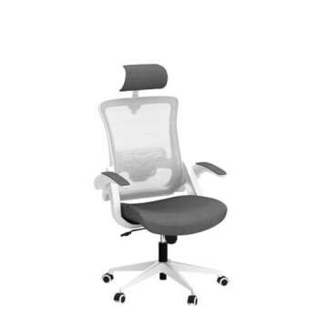 NEO CHAIR High Back Mesh Chair with Headrest Adjustable Height and Ergonomic Design Home Office Computer Desk Chair Executive Lumbar Support Padded Flip-up Armrest Swivel Chair (Grey)