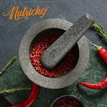 NutriChef 6" Mortar and Pestle Set - Heavy Duty 100% Natural Unpolished Granite - Slip Resistant Molcajete Stone Bowl - Make Fresh Guacamole, Salsa, Crush Herbs & Spices - 2 Cup Capacity, Gray