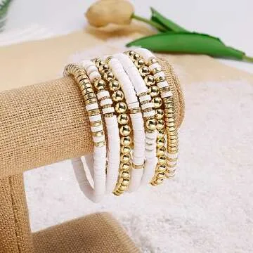 Elegance 11 designs White Heishi Beaded Bracelets For Women Polymer Clay Surfer Stackable Beads Boho Bracelet Summer Beach Jewelry Set