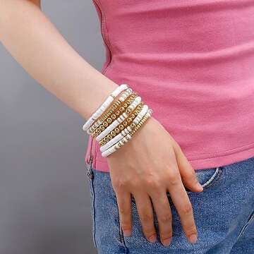 Elegance 11 designs White Heishi Beaded Bracelets For Women Polymer Clay Surfer Stackable Beads Boho Bracelet Summer Beach Jewelry Set
