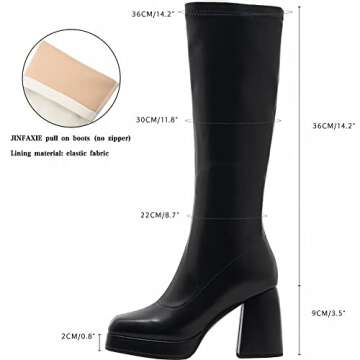 JINFAXIE Women's Knee High Gogo Boots Square Toe Strech Platform Chunky Heel Tall Boots (8.5, Black)