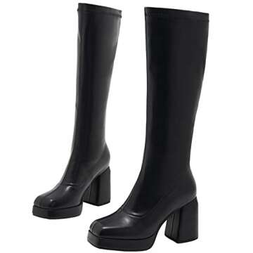 JINFAXIE Women's Knee High Gogo Boots Square Toe Strech Platform Chunky Heel Tall Boots (8.5, Black)