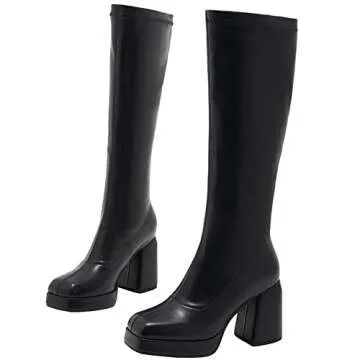 JINFAXIE Women's Knee High Gogo Boots Square Toe Strech Platform Chunky Heel Tall Boots (8.5, Black)