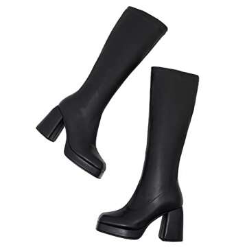 JINFAXIE Women's Knee High Gogo Boots Square Toe Strech Platform Chunky Heel Tall Boots (8.5, Black)