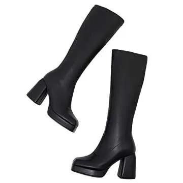 JINFAXIE Women's Knee High Gogo Boots Square Toe Strech Platform Chunky Heel Tall Boots (8.5, Black)