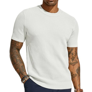 PJ PAUL JONES Mens White T Shirts Crew Neck Waffle Knit Tee Summer Classic Short Sleeve Casual Pullo...