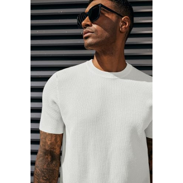 PJ PAUL JONES Mens White T Shirts Crew Neck Waffle Knit Tee Summer Classic Short Sleeve Casual Pullover Tops Mens T-Shirts L