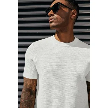 PJ PAUL JONES Mens White T Shirts Crew Neck Waffle Knit Tee Summer Classic Short Sleeve Casual Pullover Tops Mens T-Shirts L