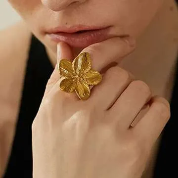 JAGTRADE Vintage Flower Lovely Adjustable Finger Fashion Simple Stainless Steel Open Statement Jewelry for Womens