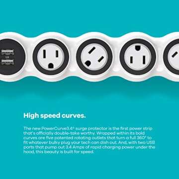 360 Electrical PowerCurve Power Strip, Extension Cord with Multiple Outlets and 2 3.4A USB Ports, 5 ...