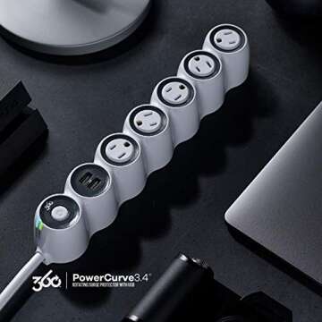 360 Electrical PowerCurve Power Strip, Extension Cord with Multiple Outlets and 2 3.4A USB Ports, 5 Rotating Outlets, Outlet Extender 6 ft, Surge Protector Power Strip with USB Ports, White