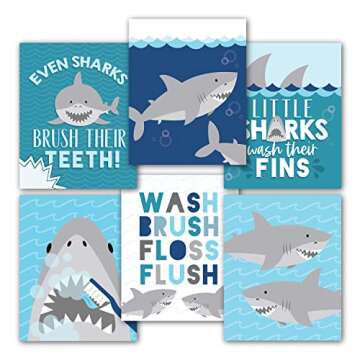 Hadley Designs 6 Shark Reversible Bathroom Decor Wall Art, Kids Bedroom Posters, Wall Decorations fo...