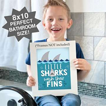 Hadley Designs 6 Shark Reversible Bathroom Decor Wall Art, Kids Bedroom Posters, Wall Decorations for Bathroom, Bathroom Rules Wall Decor, Wall Art Prints Décor