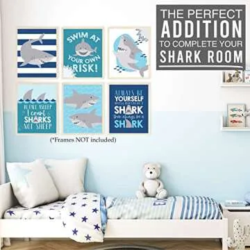 Hadley Designs 6 Shark Reversible Bathroom Decor Wall Art, Kids Bedroom Posters, Wall Decorations for Bathroom, Bathroom Rules Wall Decor, Wall Art Prints Décor
