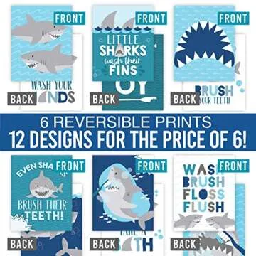 Hadley Designs 6 Shark Reversible Bathroom Decor Wall Art, Kids Bedroom Posters, Wall Decorations for Bathroom, Bathroom Rules Wall Decor, Wall Art Prints Décor